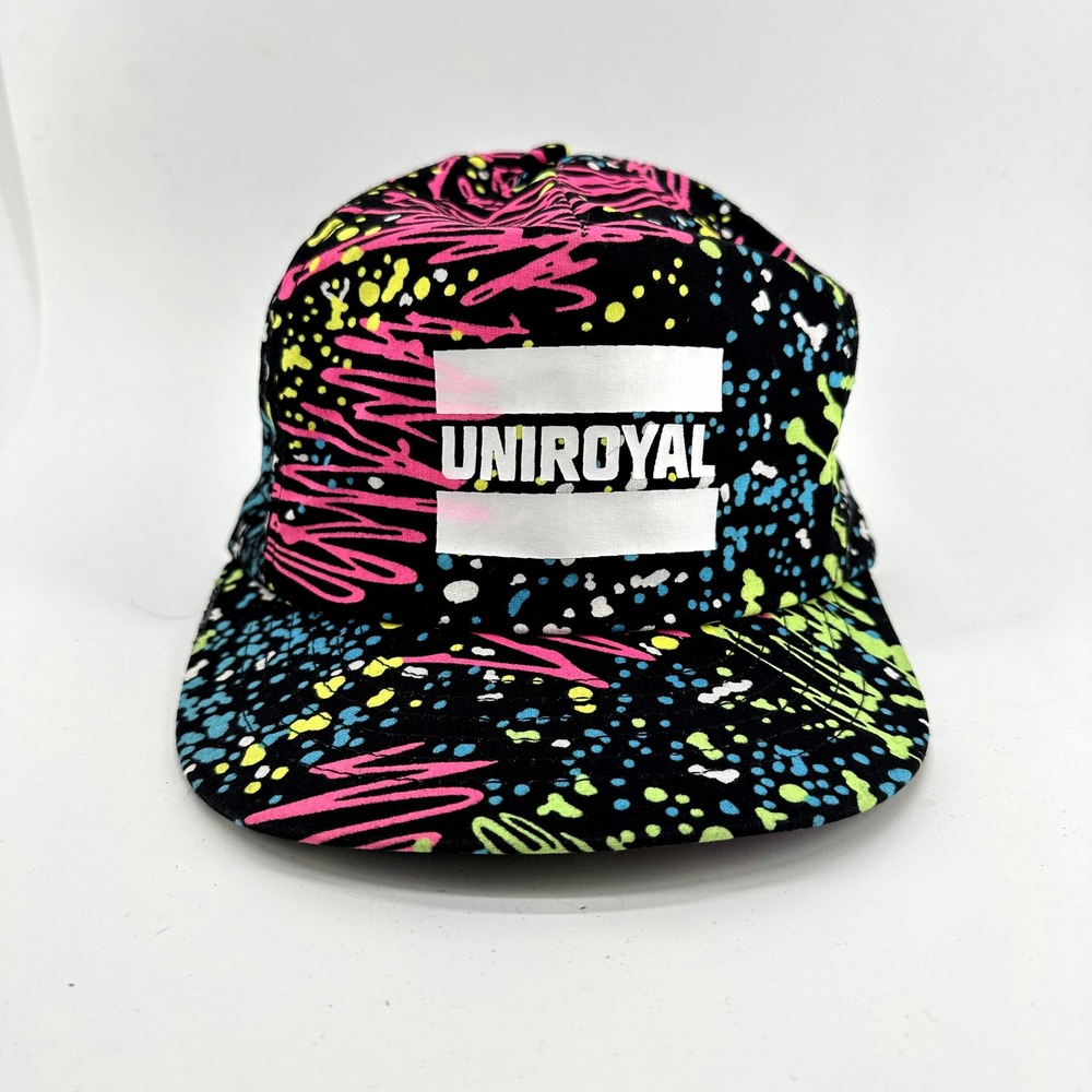 Vintage Uniroyal Hat Men OS Black Neon Splash Snapback 80s 90s Made in‎ USA Cap